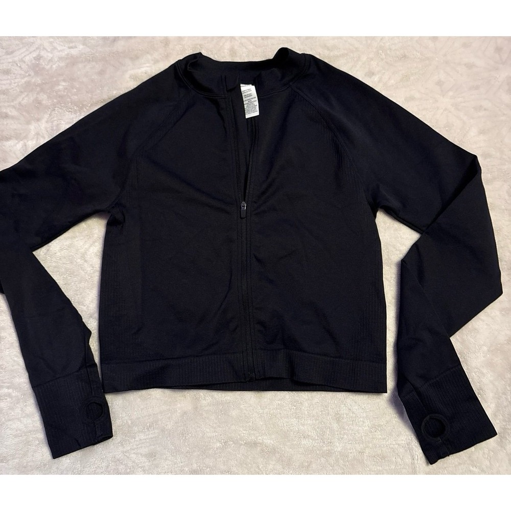 NEW JoyLab‎ Women's Black Ribbed Crop Fitted Active Jacket w/ Thumb Holes, Med